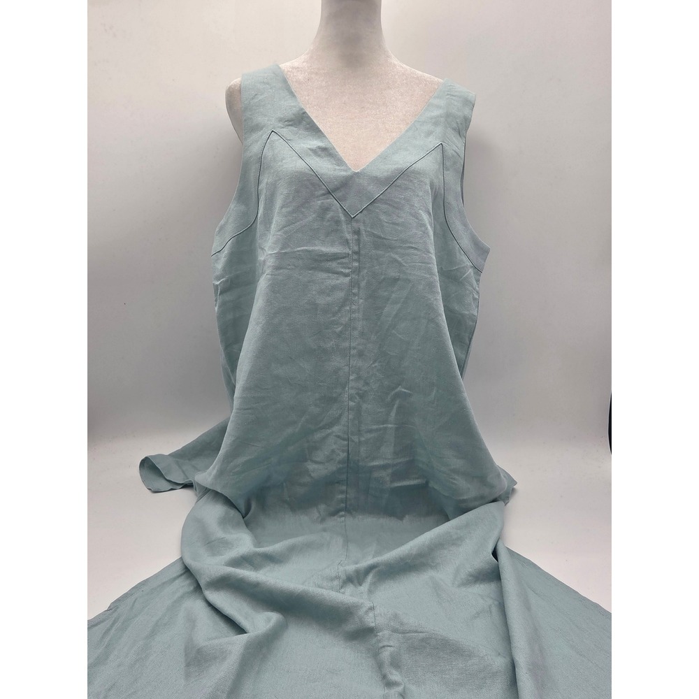 DKNY Women's L Blue Linen Blend Sleeveless V-Neck Maxi Dress NWT 101-922